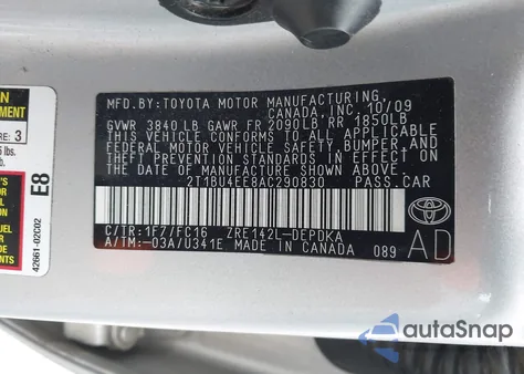 2010 Toyota Corolla Le из США, поврежденный, VIN 2T1BU4EE8AC290830